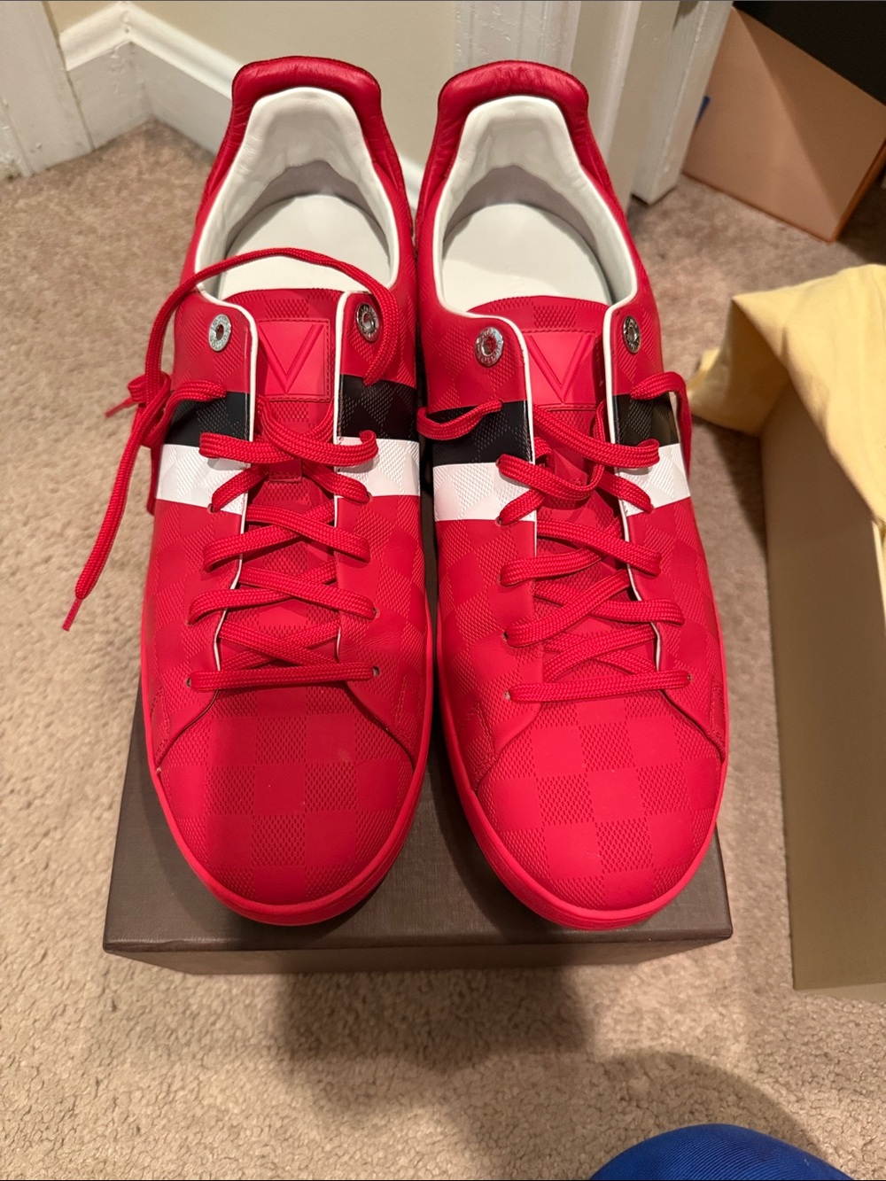 Louis Vuitton Red Sneaker with Black & White Stripe Accent - Picture 6 of 12